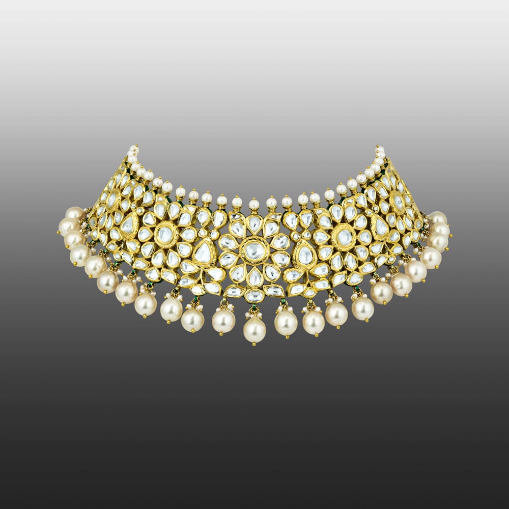 Polki Floral Choker with Gold Setting and Pearl Rows
